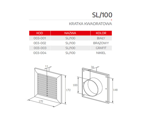 SL/100 Kratka wentylacyjna kwadratowa fi 100 biała 003-001