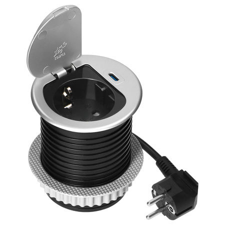 Gniazdo meblowe Ø6cm wpuszczane w blat z pokrywką, ładowarką USB i przewodem 1,9m, 1x2P+Z (Schuko), 1xUSB (typ C; 20W), srebrne