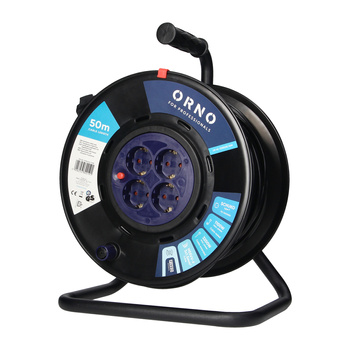 Przedłużacz bębnowy, 4 gniazda 2P+Z (schuko), kabel PVC H05VV-F 3x1,5mm², długość - 50m, STAŁE GNIAZDA, termik, przesłony torów prądowych.