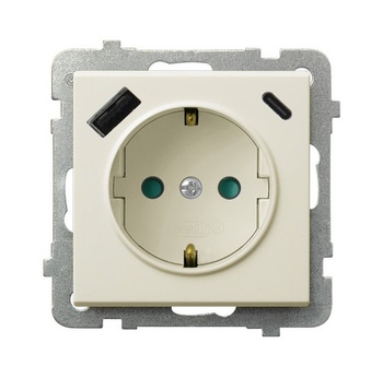 SONATA GP-1RSPUSBAC/m/27 Gniazdo pojedyncze z uziemieniem schuko z przesłonami torów prądowych, z ładowarką USB A+C