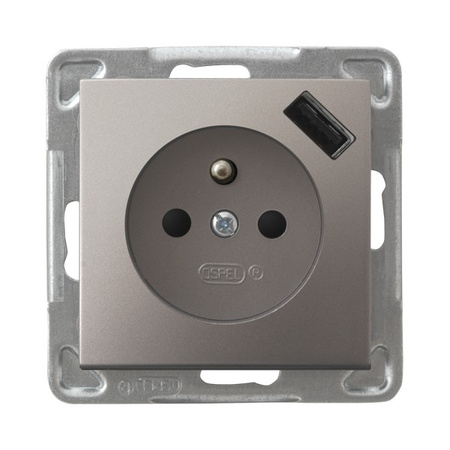 OSPEL IMPRESJA GP-1YZPUSB/m/23 Gniazdo pojedyncze z uziemieniem z przesłonami torów prądowych, z ładowarką USB