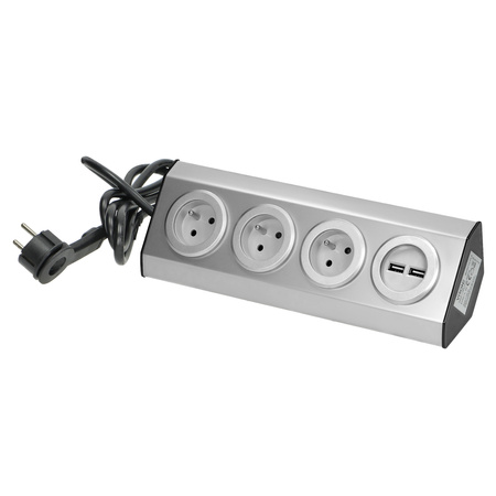 Gniazdo meblowe, kuchenne  z ładowarką USB, montowane na rzepy z przewodem 1,5m i płaską wtyczką - 3x2P+Z french, 2xUSB, INOX