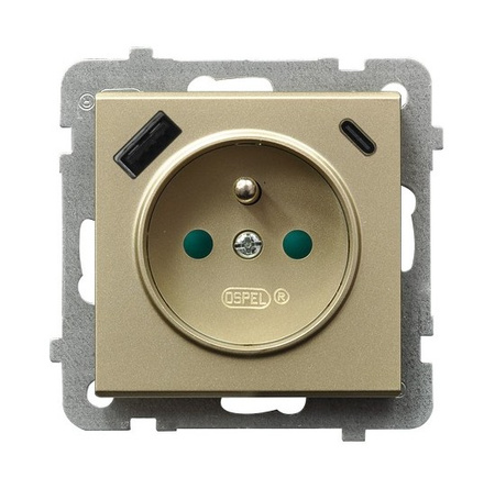 SONATA GP-1RZPUSBAC/m/39 Gniazdo pojedyncze z uziemieniem z przesłonami torów prądowych, z ładowarką USB A+C