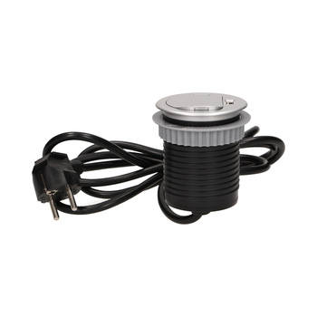 Gniazdo meblowe Ø6cm wpuszczane w blat z pokrywką, ładowarką USB i przewodem 1,8m, 1x2P+Z, 1xUSB