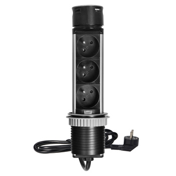 Wpuszczane gniazdo meblowe Ø6cm z ładowarką USB i przewodem 1,5m, 3x2P+Z, 2xUSB (typ A i typ C), INOX