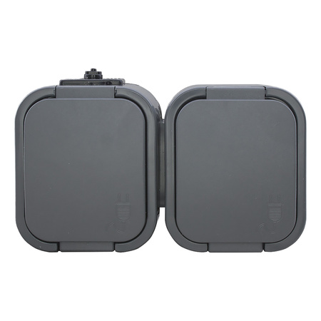 Gniazdo podwójne n/t 2P+Z, Schuko, bryzgoszczelne z klapką B2, IP54, NT-7B2, szary