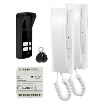 ENIR, zestaw domofonowy dwurodzinny, 2-żyłowy, zasilacz na szynę DIN, z czytnikiem breloków, biały