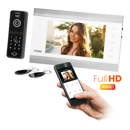 Zestaw wideo domofonowy VIFIS Full HD, bezsłuchawkowy, monitor 7" LCD,  menu OSD, kamera Full HD 1080P, z szyfratorem i czytnikiem kart i breloków oraz aplikacją mobilną, biały