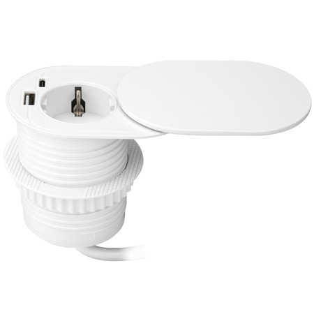 Gniazdo meblowe Ø6cm, wpuszczane w blat z przesuwną pokrywką, ładowarką USB i przewodem 1,9m, 1x2P+Z (Schuko), 2xUSB (typ A+C; PD20W), białe