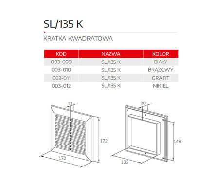 SL/135 K kratka wentylacyjna kwadrtowa biała fi 135mm 003-009