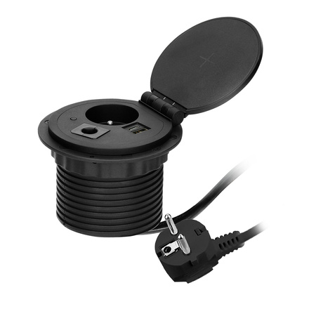 Gniazdo meblowe Ø8cm wpuszczane w blat z ładowarką indukcyjną, ładowarką USB z 2 gniazdami A i C, przelotką kablową i przewodem 1,8m, 1x2P+Z, 2xUSB 2,4A 5V, czarne