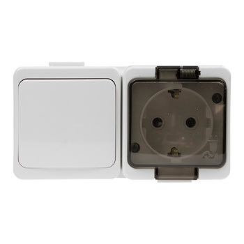 Gniazdo  pojedyncze 2P+Z bryzgood. SCHUKO z klapką dymną + Łącznik 1-biegunowy IP44, SMART, biały