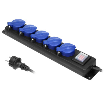 Przedłużacz warsztatowy bryzgoszczelny z wyłącznikiem, 5 gniazd 2P+Z, IP44, przewód gumowy, H05RR-F 3x1,5mm², długość 3m