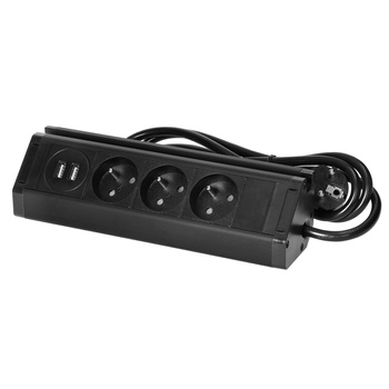 Potrójne gniazdo meblowe z uchwytem na telefon, ładowarką USB i przewodem 1,5m, 3x2P+Z,  2xUSB (typ A, 2,4A), czarne