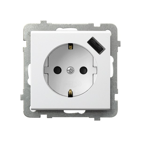 OSPEL SONATA GP-1RSPUSB/m/00 Gniazdo pojedyncze z uziemieniem schuko z przesłonami torów prądowych, z ładowarką USB