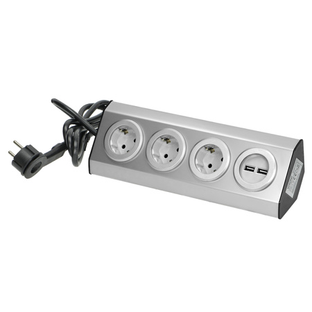 Gniazdo meblowe, kuchenne z ładowarką USB, montowane na rzepy z przewodem 1,5m i płaską wtyczką - 3x2P+Z schuko, 2xUSB, INOX