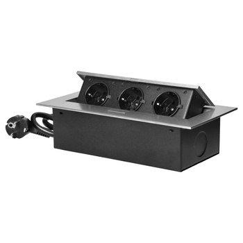 Gniazdo meblowe wpuszczane w blat z płaskim rantem, 3 gniazdami 2P+Z (Schuko) oraz przewodem 1,5m (3x1,5mm²), srebrne