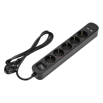 Listwa przeciwprzepięciowa, 5 gniazd 2P+Z (Schuko), kabel 3x1,0mm2, długość 1,5m, z wyłącznikiem podświetlanym dwutorowym. 10A/230 VAC, Ochronnik przeciwprzepięciowy, Ładowarka 2xUSB 2,1A. Płaska wtyczka