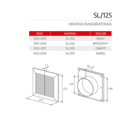 SL/125 kratka wentylacyjna kwadratowa fi 125 biała 003-005