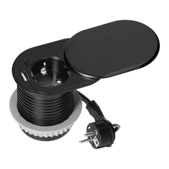 Gniazdo meblowe Ø6cm, wpuszczane w blat z przesuwną pokrywką, ładowarką USB i przewodem 1,9m, 1x2P+Z (French), 2xUSB (typ A+C; PD20W), czarne