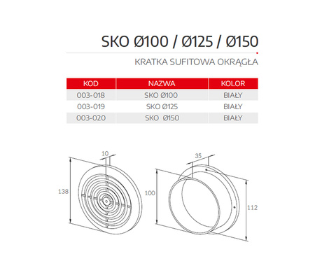 SKO 125 Kratka wentylacyjna sufitowa okrągła fi 125m  003-019