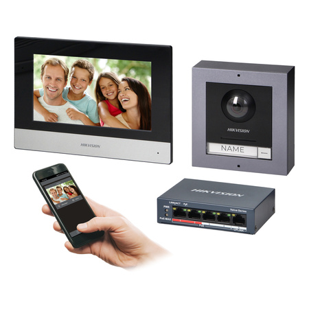 HIKVISION DS-KIS602(B) zestaw wideodomofonowy PoE jednorodzinny z monitorem dotykowym 7" z WiFi, panelem zewnętrznym z kamerą FullHD i PoE switch