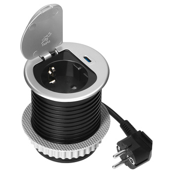 Gniazdo meblowe Ø6cm wpuszczane w blat z pokrywką, ładowarką USB i przewodem 1,9m, 1x2P+Z (Schuko), 1xUSB (typ C; 20W), srebrne
