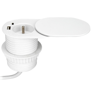 Gniazdo meblowe Ø6cm, wpuszczane w blat z przesuwną pokrywką, ładowarką USB i przewodem 1,9m, 1x2P+Z (French), 2xUSB (typ A+C; PD20W), białe
