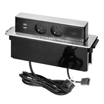 Gniazdo meblowe wysuwane z blatu z płaskim frezowanym rantem, ładowarką USB i przewodem 2m, 2x2P+Z, 2 x USB (Typ A), HDMI, 3x1,5mm², czarno-srebrne, INOX