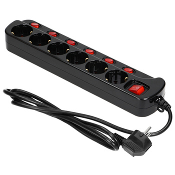 Listwa zasilająca "Multiswitch", 6 gniazd 2P+Z (Schuko), kabel 3x1,0mm², długość 1,5m. Wyłącznik termiczny. 10A/230 VAC, czarny