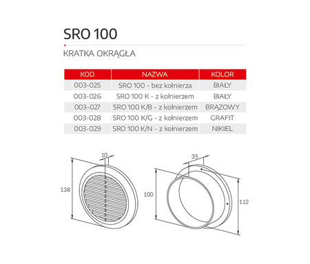 SRO 100 kratka wentylacyjna okrągła bez kołnierza biała fi 100 003-025