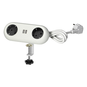 Gniazdo meblowe z uchwytem montażowym, ładowarką USB, 2 gniazda 2P+Z (Schuko), 2xUSB, przewód 3x1,5mm² - 1,4m, białe