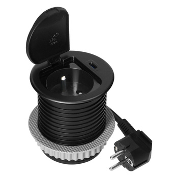 Gniazdo meblowe Ø6cm wpuszczane w blat z pokrywką, ładowarką USB i przewodem 1,9m, 1x2P+Z (French), 1xUSB (typ C; 20W), czarne