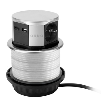 Gniazdo meblowe Ø10cm wysuwane z blatu z ładowarką USB i przewodem 1,5m, 3x2P+Z (Schuko), 2xUSB (typ A+C; max. 3A), srebrne