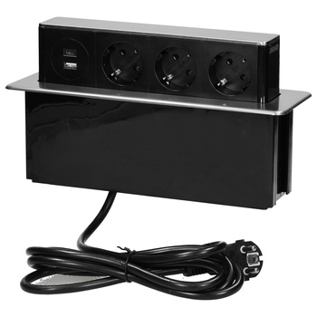 Gniazdo meblowe wysuwane z blatu z płaskim frezowanym rantem, ładowarką USB i przewodem 2m, 3 gniazda typ F, 2 x USB (Typ A + C 3,1A), 3x1,5mm², czarno-srebrne, INOX, wesja Schuko