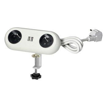 Gniazdo meblowe z uchwytem montażowym,  ładowarką USB, 2 gniazda 2P+Z, 2xUSB, przewód 3x1,0mm² - 1,5m, białe