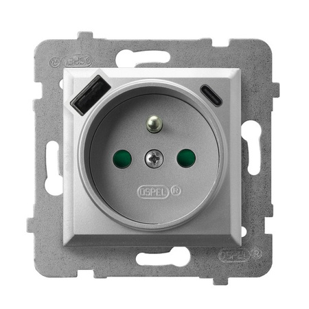 OSPEL ARIA GP-1UZPUSBAC/m/18 Gniazdo pojedyncze z uziemieniem z przesłonami torów prądowych, z ładowarką USB A+C