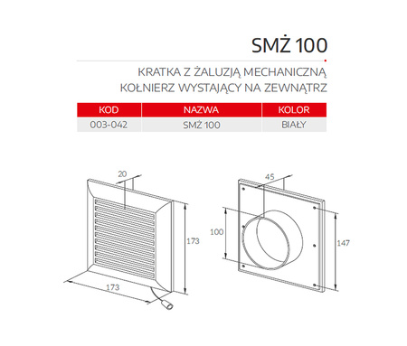 SMŻ 100 kratka wentylacyjna z żaluzją mechaniczną fi 100mm 003-042