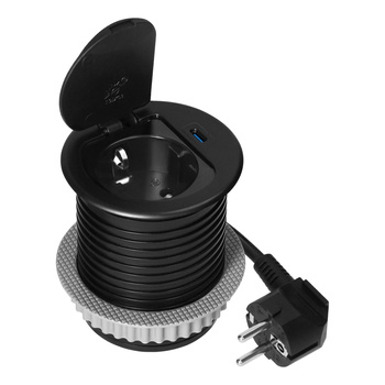 Gniazdo meblowe Ø6cm wpuszczane w blat z pokrywką, ładowarką USB i przewodem 1,9m, 1x2P+Z (Schuko), 1xUSB (typ C; 20W), czarne
