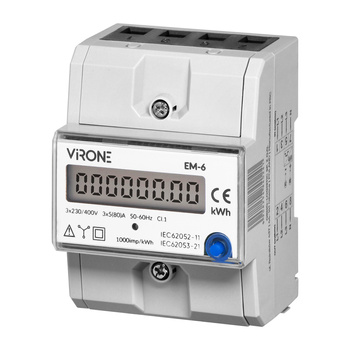 3-fazowy wskaźnik zużycia energii elektrycznej, 80A, dodatkowy wskaźnik, wyjście impulsowe, przycisk RESET, 2 moduły, DIN TH-35mm