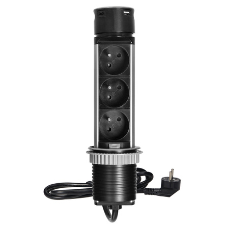 Wpuszczane gniazdo meblowe Ø6cm z ładowarką USB i przewodem 1,5m, 3x2P+Z, 2xUSB (typ A i typ C), INOX