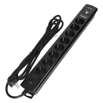Listwa przeciwprzepięciowa, 8 gniazd 2P+Z (Schuko), kabel 3x1,5mm2, 3m, z wyłącznikiem podświetlanym dwutorowym. 16A/230 VAC, Ochronnik przeciwprzepięciowy Typ 3, Ładowarka 2xUSB 2,1A, czarny