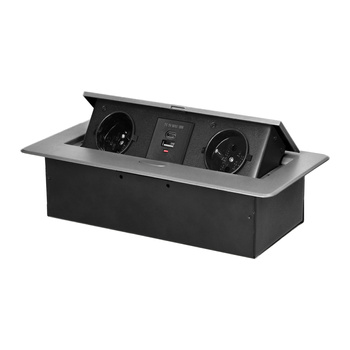 Gniazdo meblowe wpuszczane w blat z płaskim frezowanym rantem i ładowarką USB, 2x2P+Z, 2xUSB (typ A+C; 3,6A), srebrne