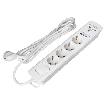 Listwa przeciwprzepięciowa, 4 gniazda 2P+Z (Schuko), kabel 3x1,0mm2, 3m, z wyłącznikiem podświetlanym dwutorowym. 16A/230 VAC, Ochronnik przeciwprzepięciowy Typ 3, Ładowarka 2xUSB 2,1A, biała