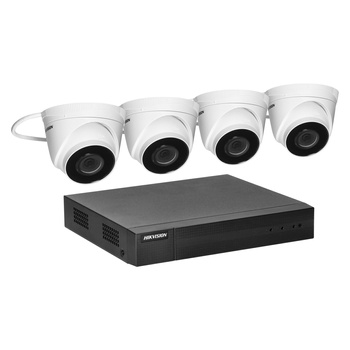 HIKVISION IPKIT-T4-4CH zestaw monitoringu z 4 kopułkowymi kamerami IP HIKVISION IP-CAM-T240H  oraz 4-kanałowym rejestratorem HIKVISION NVR-4CH, rozdzielczość 4Mpx, zasilanie PoE, doświetlenie IR, cyfrowa redukcja szumów, IP67.