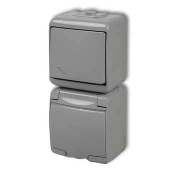 KARLIK JUNIOR 10WGHP-3p Łącznik schodowy z gniazdem pojedynczym z uziemieniem 2P+Z (klapka popielata; przesłony torów prądowych)