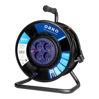 Przedłużacz bębnowy, 4 gniazda 2P+Z Schuko, kabel PVC H05VV-F 3x1,5mm2, długość - 50m, STAŁE GNIAZDA, termik, przesłony torów prądowych