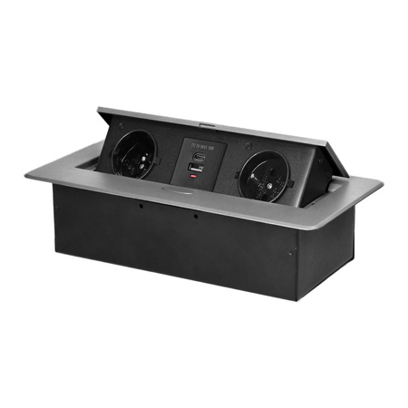 Gniazdo meblowe wpuszczane w blat z płaskim frezowanym rantem i ładowarką USB, 2x2P+Z, 2xUSB (typ A+C; 3,6A), srebrne