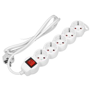 Przedłużacz 5-krotny 2P+Z (schuko), z wyłącznikiem, 3m H05VV-F 3x1,0mm², Imax=10A, biały