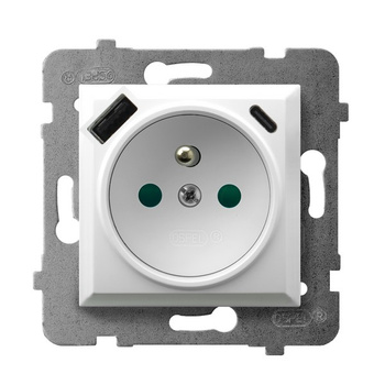 OSPEL ARIA GP-1UZPUSBAC/m/00 Gniazdo pojedyncze z uziemieniem z przesłonami torów prądowych, z ładowarką USB A+C